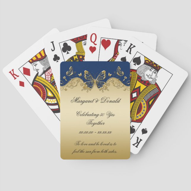 Navy Gold Butterflies 50th Anniversary Playing Cards (Back)