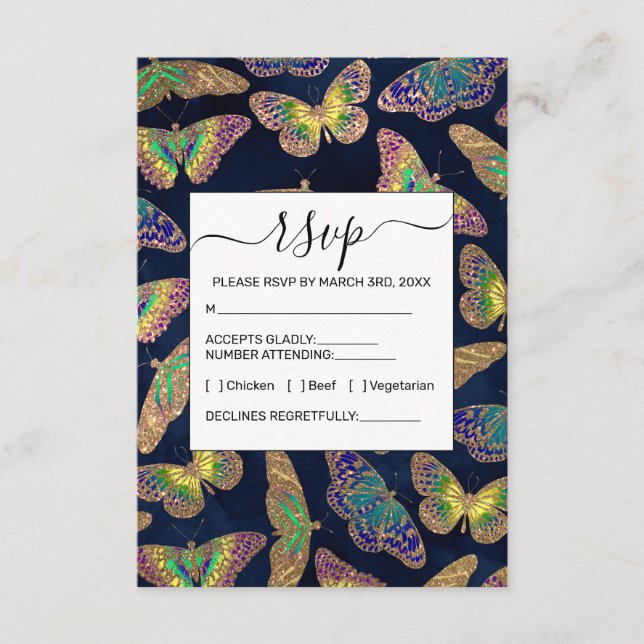 Navy Gold Butterflies Glitter Watercolor Pattern Enclosure Card (Front)
