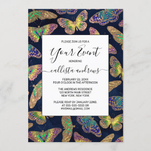 Navy Gold Butterflies Glitter Watercolor Pattern Invitation