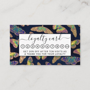 Navy Gold Butterflies Glitter Watercolor Pattern Loyalty Card