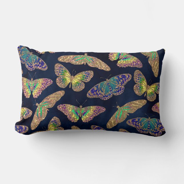Navy Gold Butterflies Glitter Watercolor Pattern Lumbar Cushion (Front)