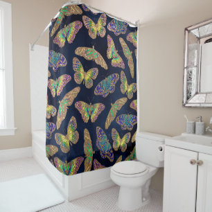 Navy Gold Butterflies Glitter Watercolor Pattern Shower Curtain