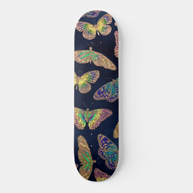 Navy Gold Butterflies Glitter Watercolor Pattern Skateboard (Front)
