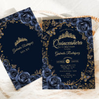 Navy Gold Butterflies Roses Quinceanera
