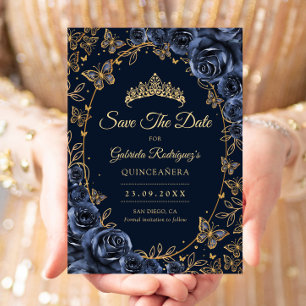 Navy Gold Butterflies Roses Quinceanera Save The Date