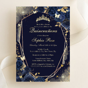 Navy Gold Butterfly Floral Quinceanera