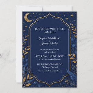 Navy Gold Celestial Botanical Wedding Invitation