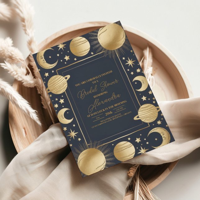 Navy Gold Celestial Crescent Moon Bridal Shower Invitation (Creator Uploaded)