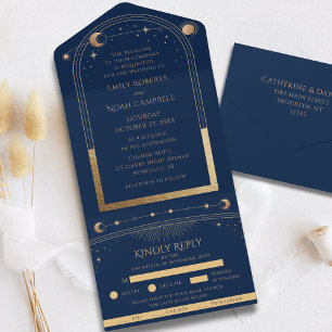 Navy Gold Celestial Sun Moon Stars Wedding RSVP All In One Invitation