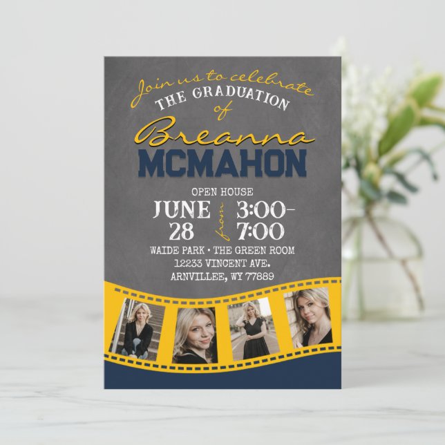 Navy & Gold Chalkboard Filmstrip Graduation Invitation (Standing Front)