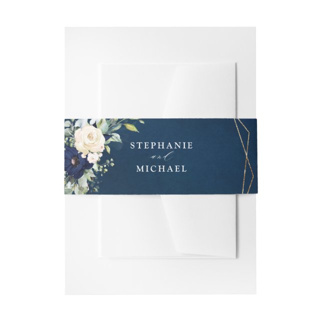 Navy Gold Champagne Ivory Geometric greenery Invitation Belly Band (Front Example)