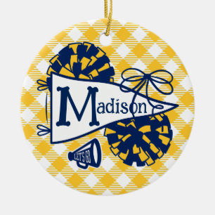 Navy Gold Cheer Pennant Gingham Personalised Ceramic Ornament