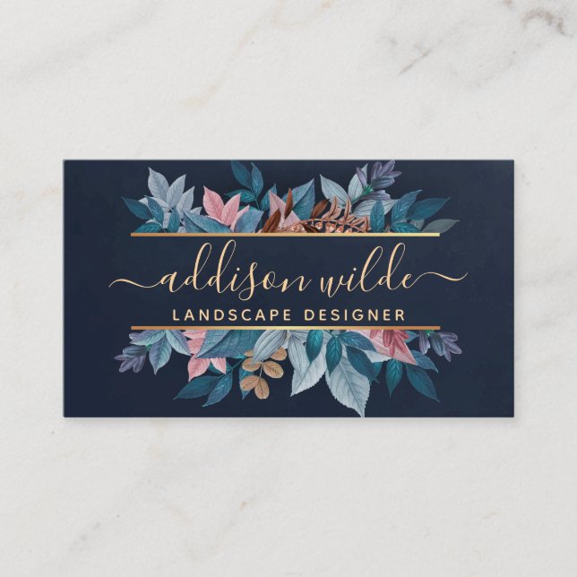 Navy Gold Chic Botanical Leaves Modern Foliage Business Card (Front)