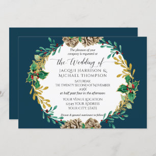 Navy Gold Christmas Pine Cone Greenery Wedding Invitation