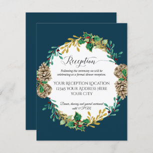 Navy Gold Christmas Pine Cones Wedding Reception Invitation