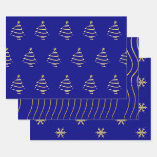 Navy Gold Christmas Tree Snowflake Wavy Lines Wrapping Paper Sheet