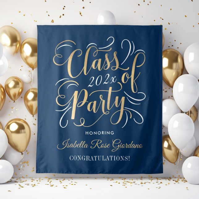 Navy Gold Class of 2026 Party Graduation Backdrop Tapestry (Creator Uploaded)