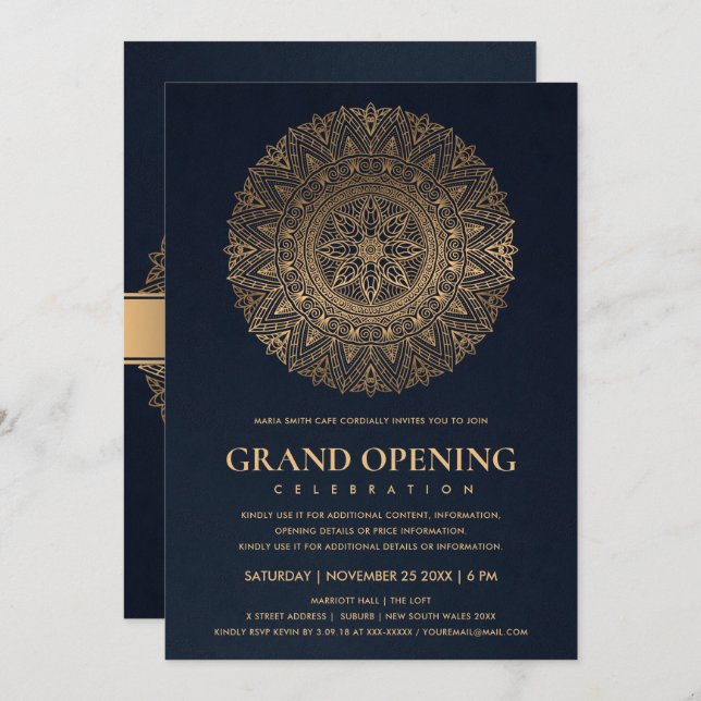 NAVY GOLD CLASSIC ORNATE MANDALA GRAND OPENING INVITATION (Front/Back)