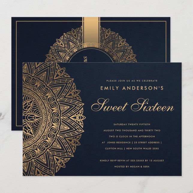 NAVY GOLD CLASSIC ORNATE MANDALA SWEET 16 BIRTHDAY INVITATION (Front/Back)