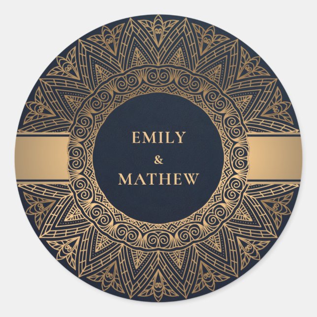 NAVY GOLD CLASSIC ORNATE MANDALA WEDDING ROUND STICKER (Front)