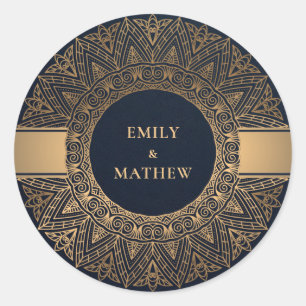 NAVY GOLD CLASSIC ORNATE MANDALA WEDDING ROUND STICKER