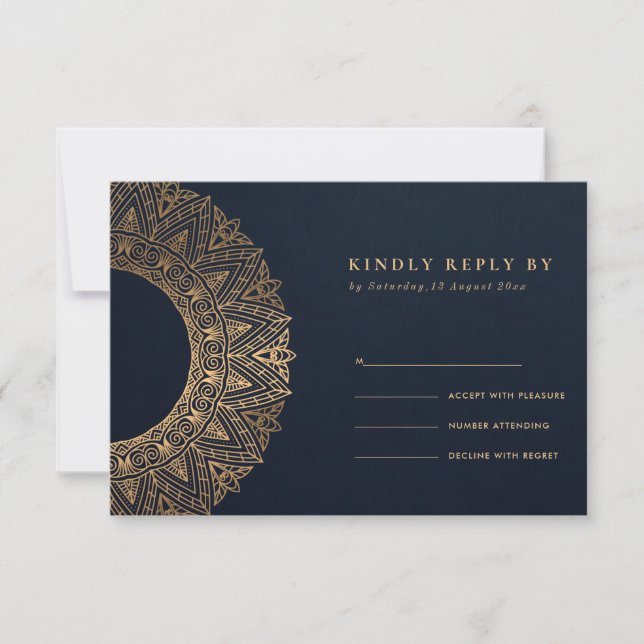 NAVY GOLD CLASSIC ORNATE MANDALA WEDDING RSVP CARD (Front)