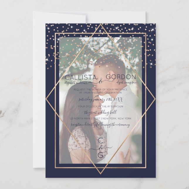 Navy Gold Confetti Geo Border Photo Wedding Invitation (Front)