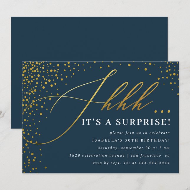 Navy & Gold Confetti Script Surprise Party Invitation (Front/Back)