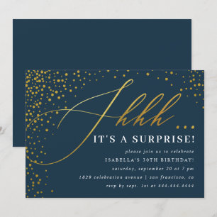 Navy & Gold Confetti Script Surprise Party Invitation