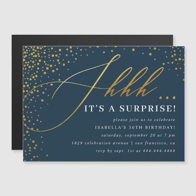 Navy & Gold Confetti Script Surprise Party Magnetic Invitation (Front/Back)