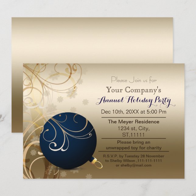 navy gold Corporate holiday party Invitation (Front/Back)