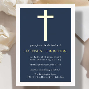 Navy & Gold Cross Baptism Foil Invitation
