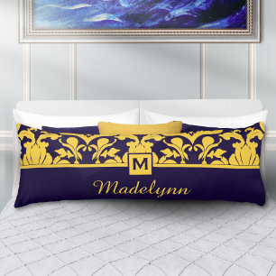 Navy Gold Damask Monogram Personalised Name  Body Cushion