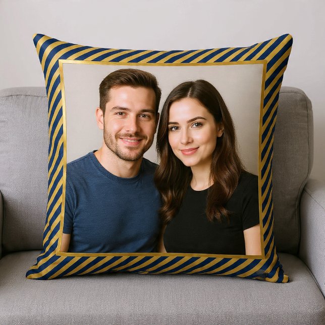 Navy & Gold Diagonal Stripe Frame Photo Cushion (Creator Uploaded)