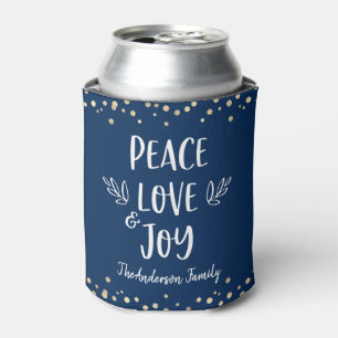 Navy Gold Dots Peace Love Joy Modern Typography Can Cooler