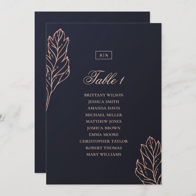 Navy gold elegant botanical wedding seating chart invitation (Front/Back)