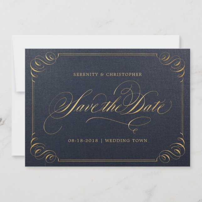 Navy gold elegant calligraphy save the date (Front)