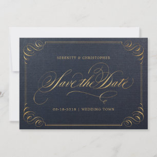 Navy gold elegant calligraphy save the date