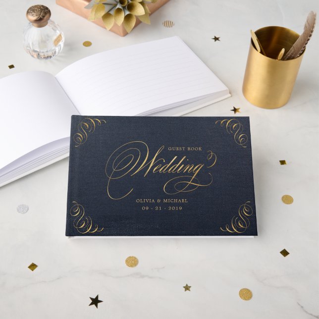Navy gold elegant calligraphy wedding guest book (Front Open)