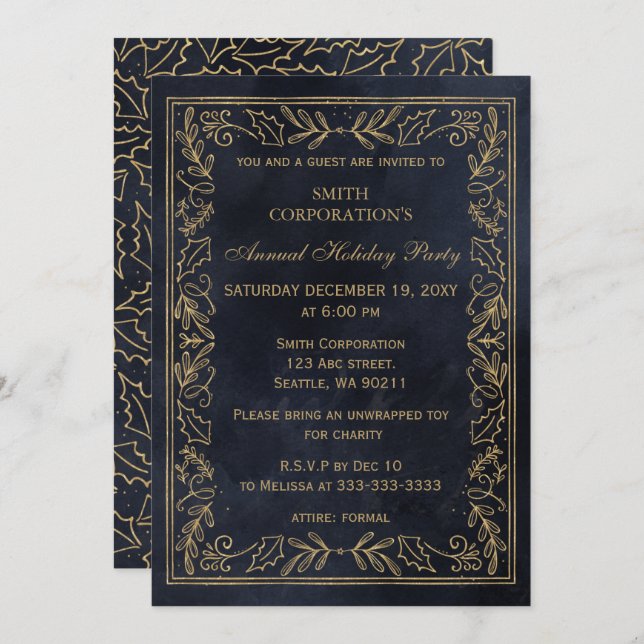 Navy Gold Elegant Corporate Holiday Party  Invitation (Front/Back)