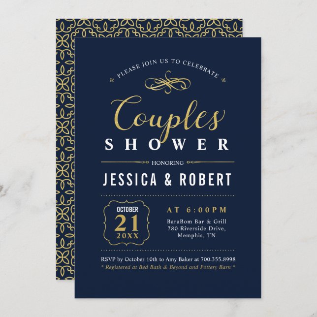 Navy & Gold | Elegant Couples Wedding Shower Invitation (Front/Back)