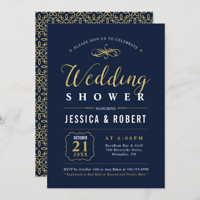 Navy & Gold | Elegant Couples Wedding Shower Invitation (Front/Back)
