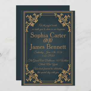 Navy Gold Elegant Formal Wedding Invitation