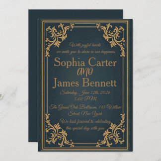 Navy Gold Elegant Formal Wedding Invitation
