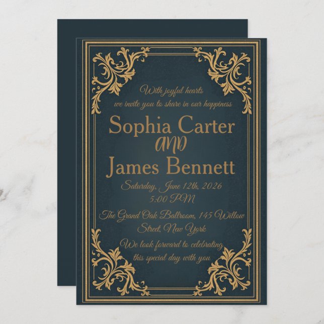 Navy Gold Elegant Formal Wedding Invitation (Front/Back)