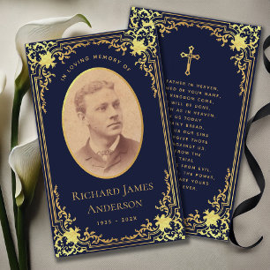 Navy Gold Elegant Funeral Memorial Prayer Card