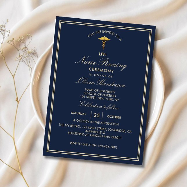 Navy Gold Elegant Nurse Pinning Ceremony  Invitation (Creator Uploaded)