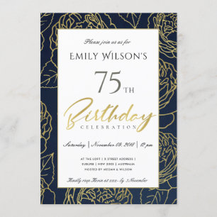 NAVY GOLD ELEGANT ROSE FLORAL ANY AGE BIRTHDAY INVITATION