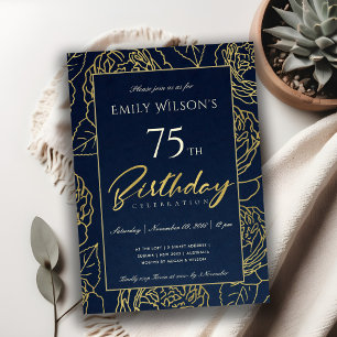 NAVY GOLD ELEGANT ROSE FLORAL ANY AGE BIRTHDAY INVITATION