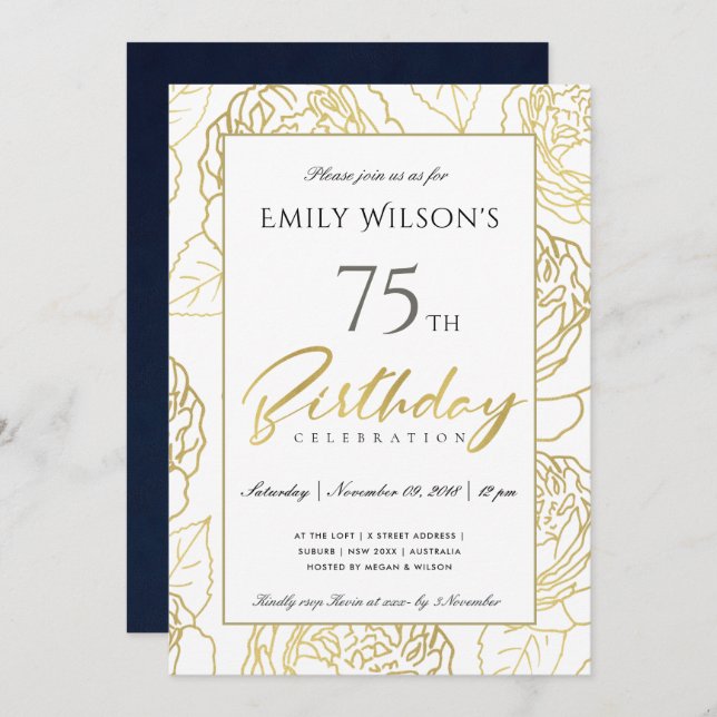 NAVY GOLD ELEGANT ROSE FLORAL ANY AGE BIRTHDAY INVITATION (Front/Back)